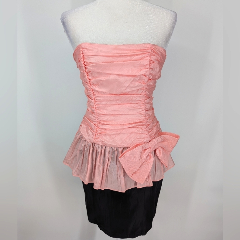 Vintage 80s Roberta California Pink Black Bow Ruffle Strapless Party Dress 7/8